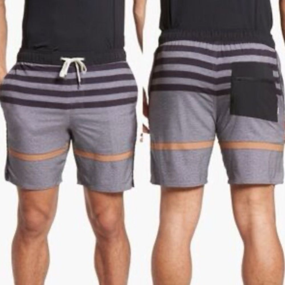 Vuori Size 36 Men's Trail Shorts Gray and Black Striped with Gold Detail